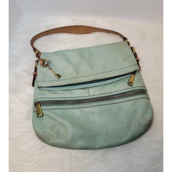 FOSSIL Explorer Flap Foldover Hobo Mint Green Teal Leather Slouch Shoulder Bag - Picture 1 of 12